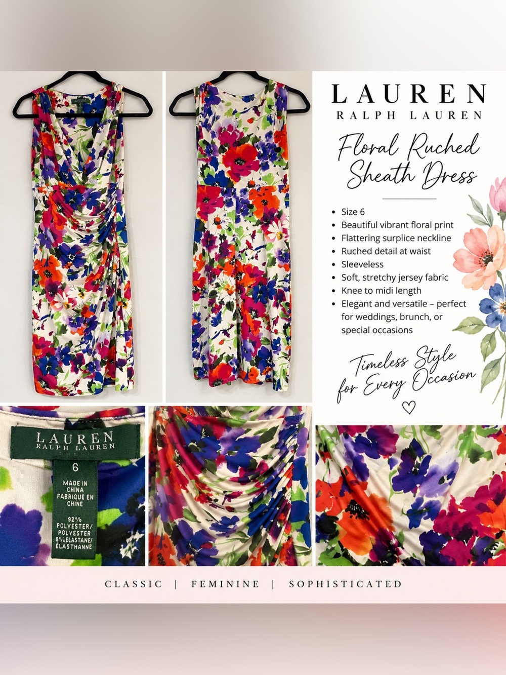 Lauren Ralph Lauren Floral Ruched Sheath Dress Size 6